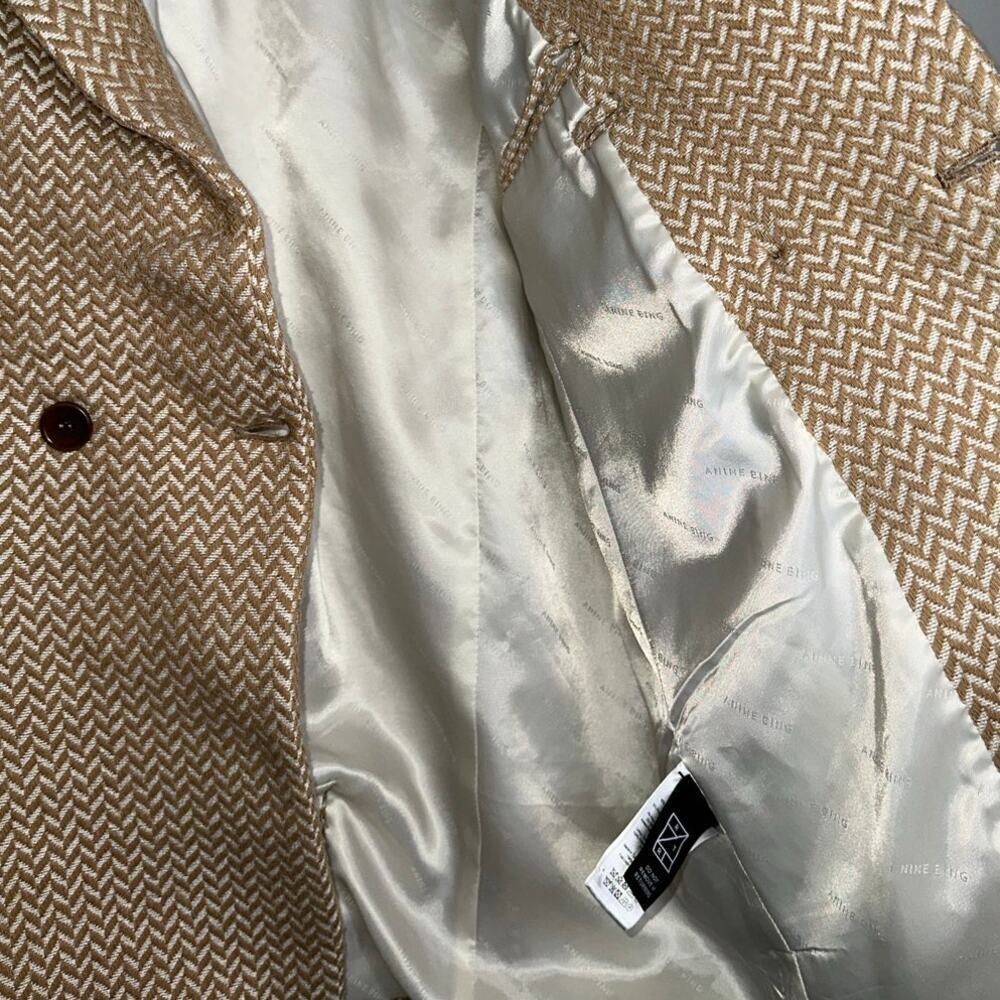 Anine Bing Oversized Fishbone Blazer Tan/White Herringbone Print Size Large - Picture 7 of 10